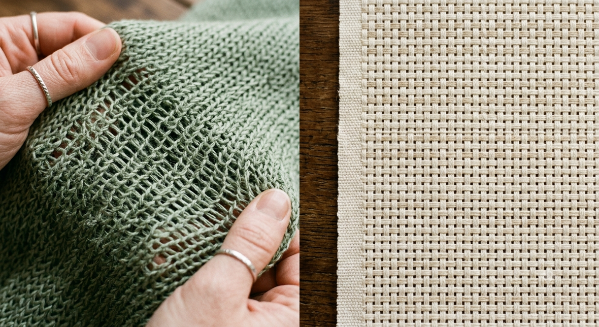 Split image comparing stretched green knit fabric loops with a crisp cream woven fabric grid