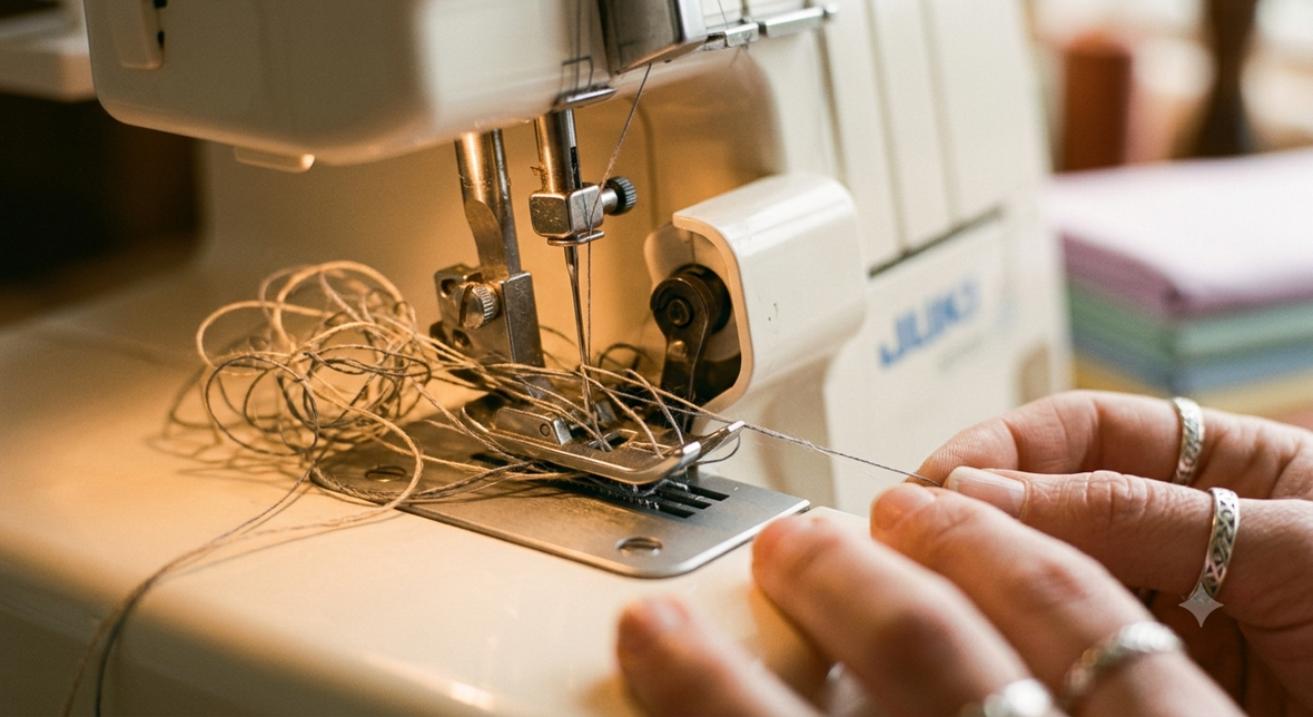 Tangled thread being gently removed from a sewing machine needle area