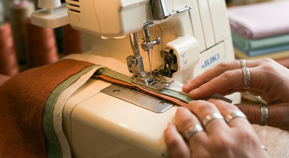 Fabric edge aligned against the seam guide lines on a sewing machine needle plate