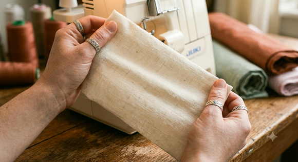 Hands pulling cream woven fabric diagonally on the bias so it gently stretches