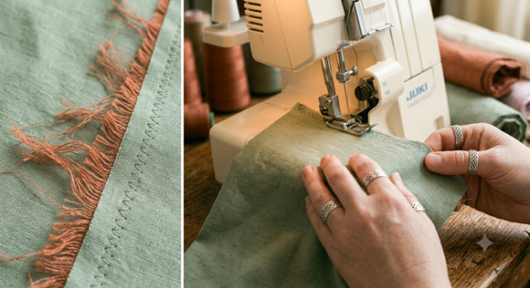 Neat zigzag stitch along the raw edge of sage green fabric to stop fraying