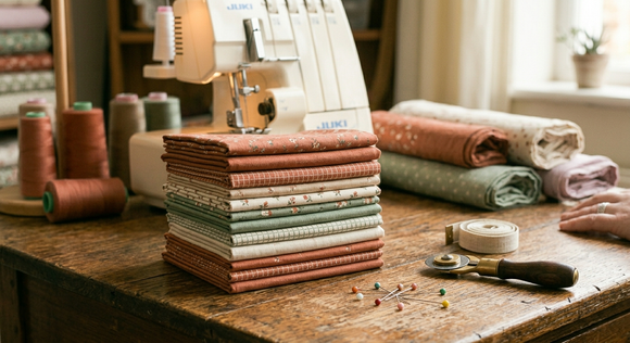 Stack of folded fat quarter fabric rectangles in coordinating prints on a wooden table