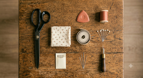 Flat lay of nine beginner sewing kit essentials arranged on a warm wooden table