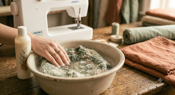 Knitted garment soaking in a basin with conditioner while hands gently reshape it
