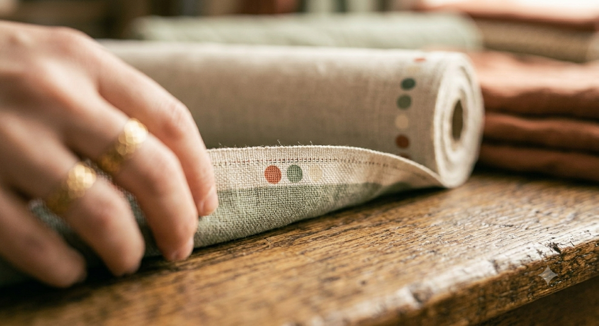 Close-up of a fabric selvedge edge showing the woven border and printed colour dots