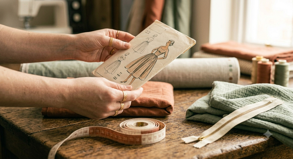 Hands holding a sewing pattern envelope above a table with tape measure, fabric and zip