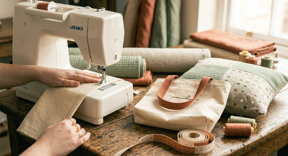 Sewing machine sewing a straight seam on cream cotton with a finished tote bag beside it