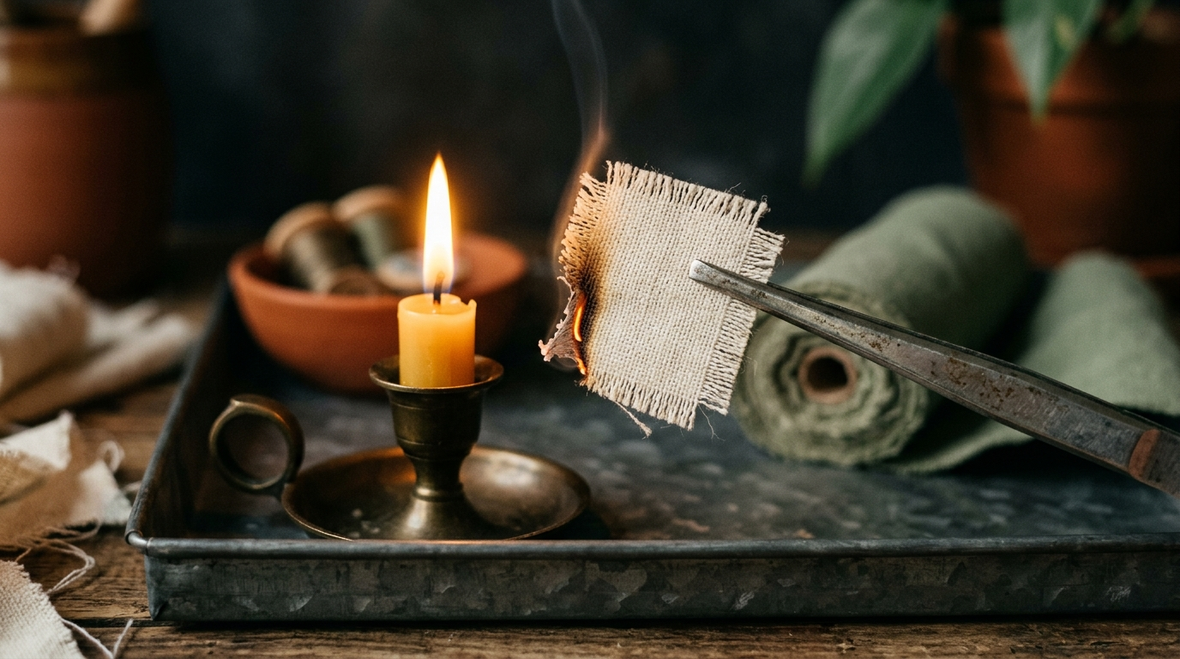 Fabric snippet held in tweezers approaching a candle flame for a burn test