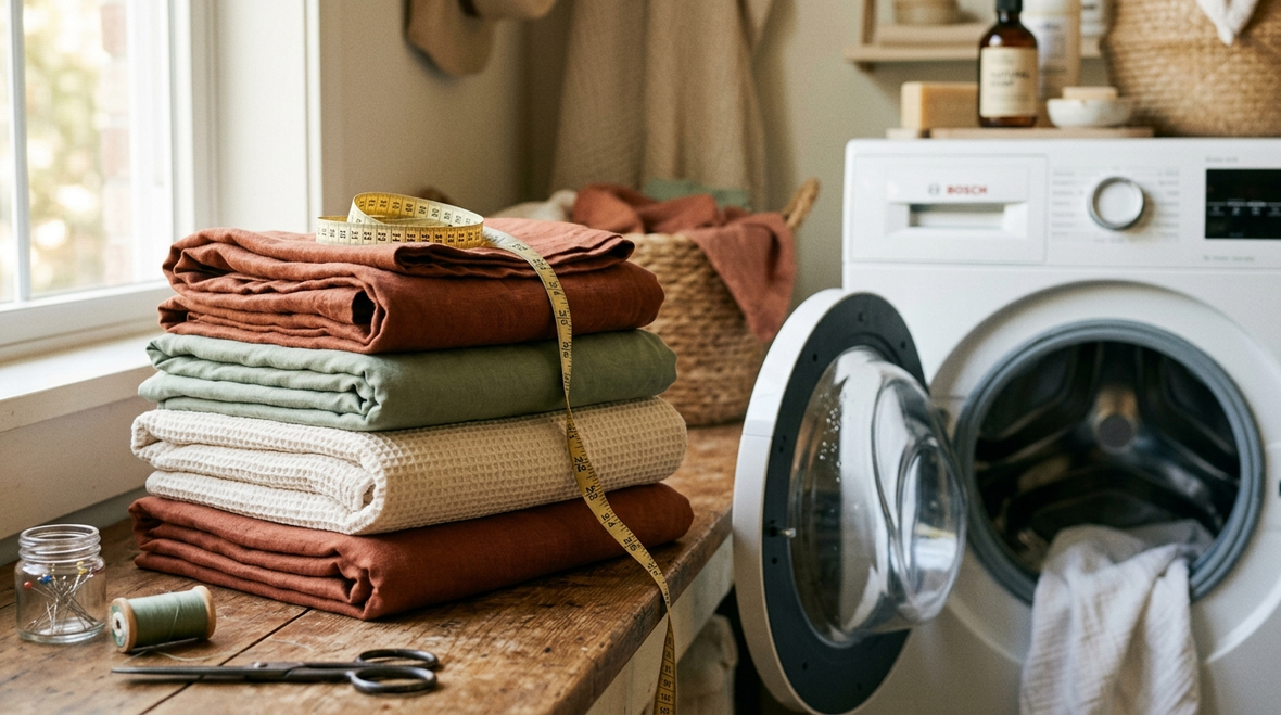 Folded fabrics in terracotta, sage and cream stacked beside a washing machine ready for pre-washing