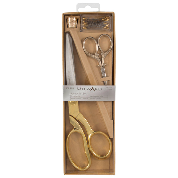 Milward Scissors: Gift Set: Dressmaking and Embroidery (21.5cm-9.5cm), Thimble & Pins: Gold