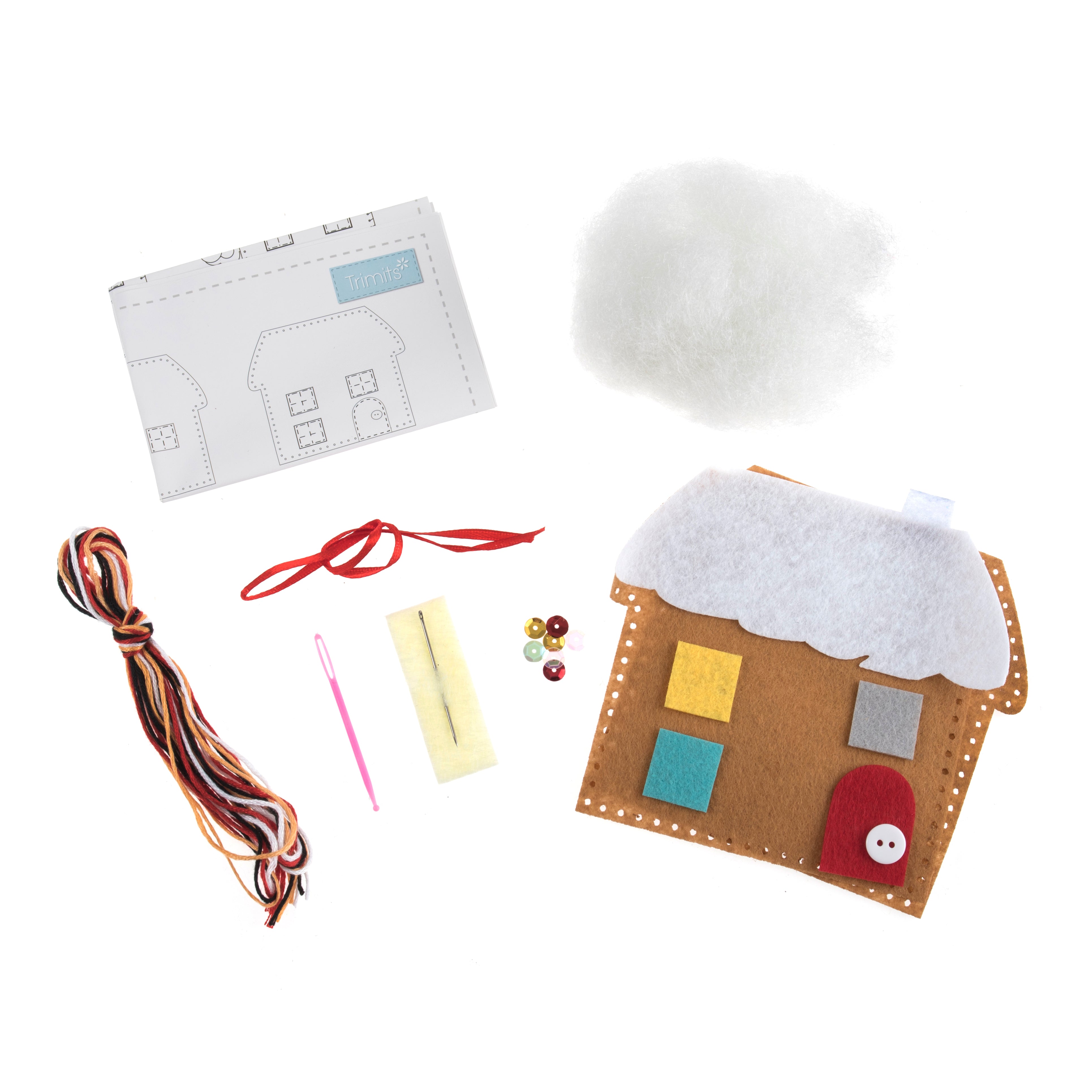 Trimits Felt Decoration Kit Ð Christmas Gingerbread House, 10x12cm, Includes Felt Shapes, Thread, Stuffing, Needle, and Ribbon - 0