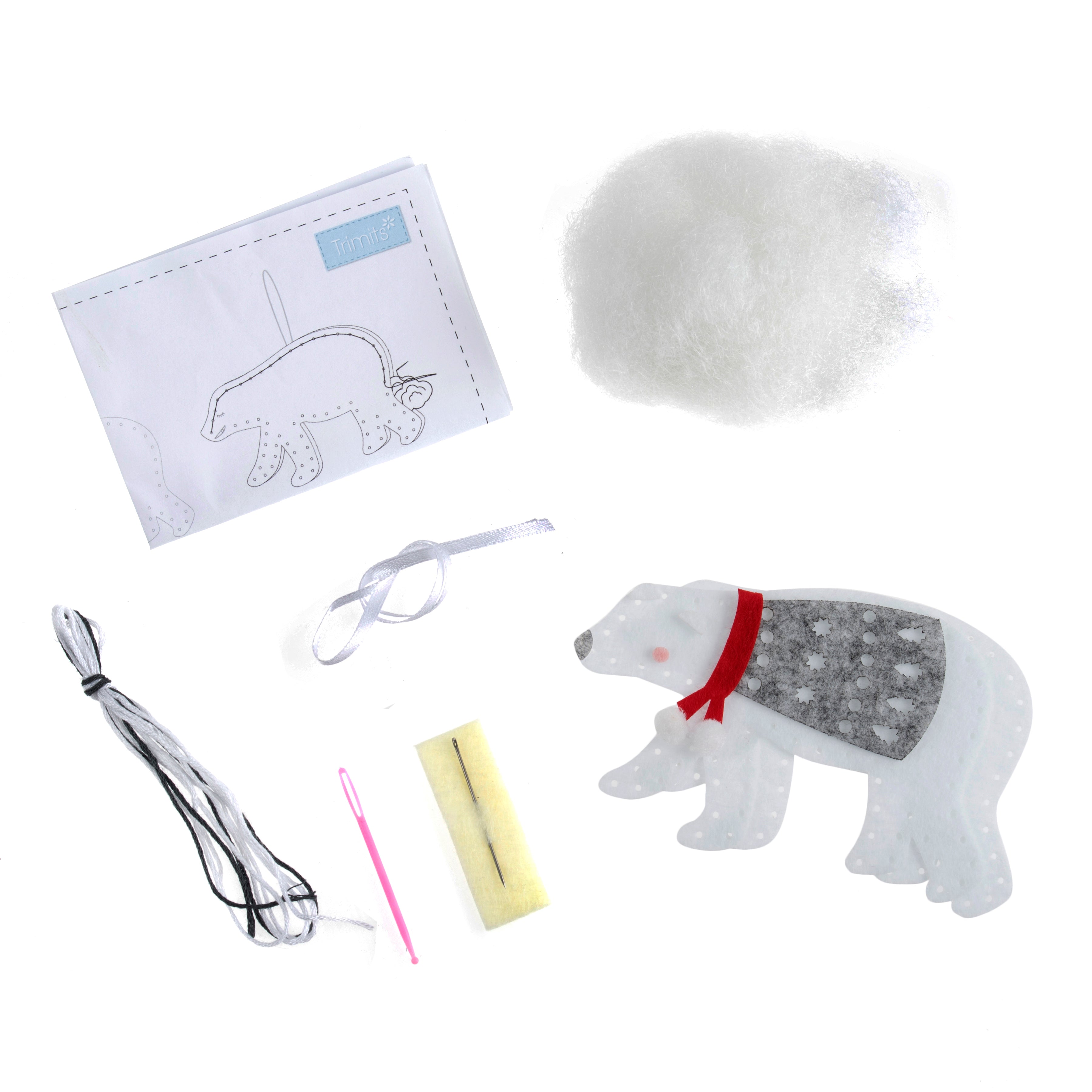 Trimits Felt Decoration Kit Ð Christmas Polar Bear, 10x12cm, Includes Felt Shapes, Thread, Stuffing, Needle, and Ribbon - 0