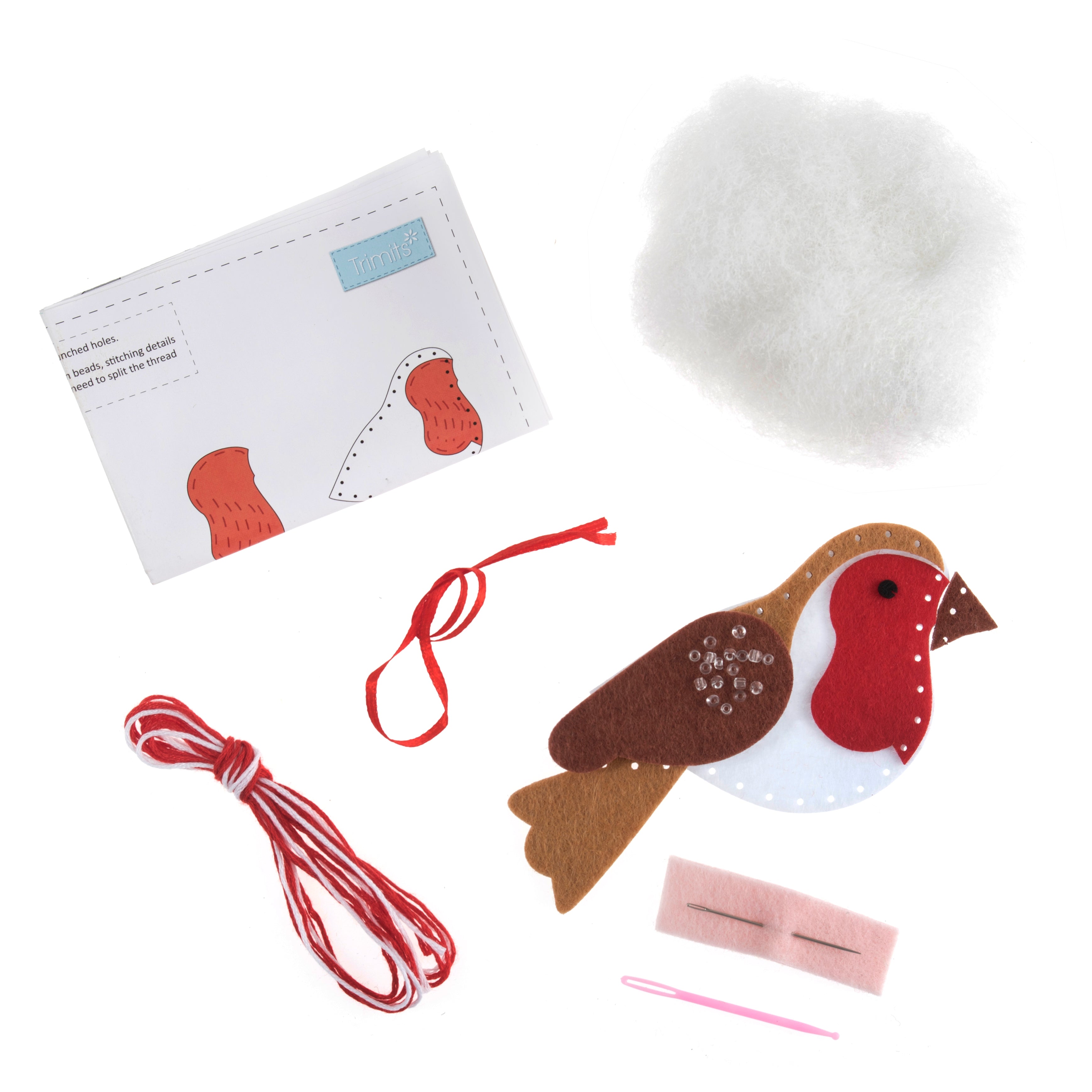 Trimits Felt Decoration Kit Ð Christmas Robin, 10x12cm, Includes Felt Shapes, Thread, Stuffing, Needle, and Ribbon