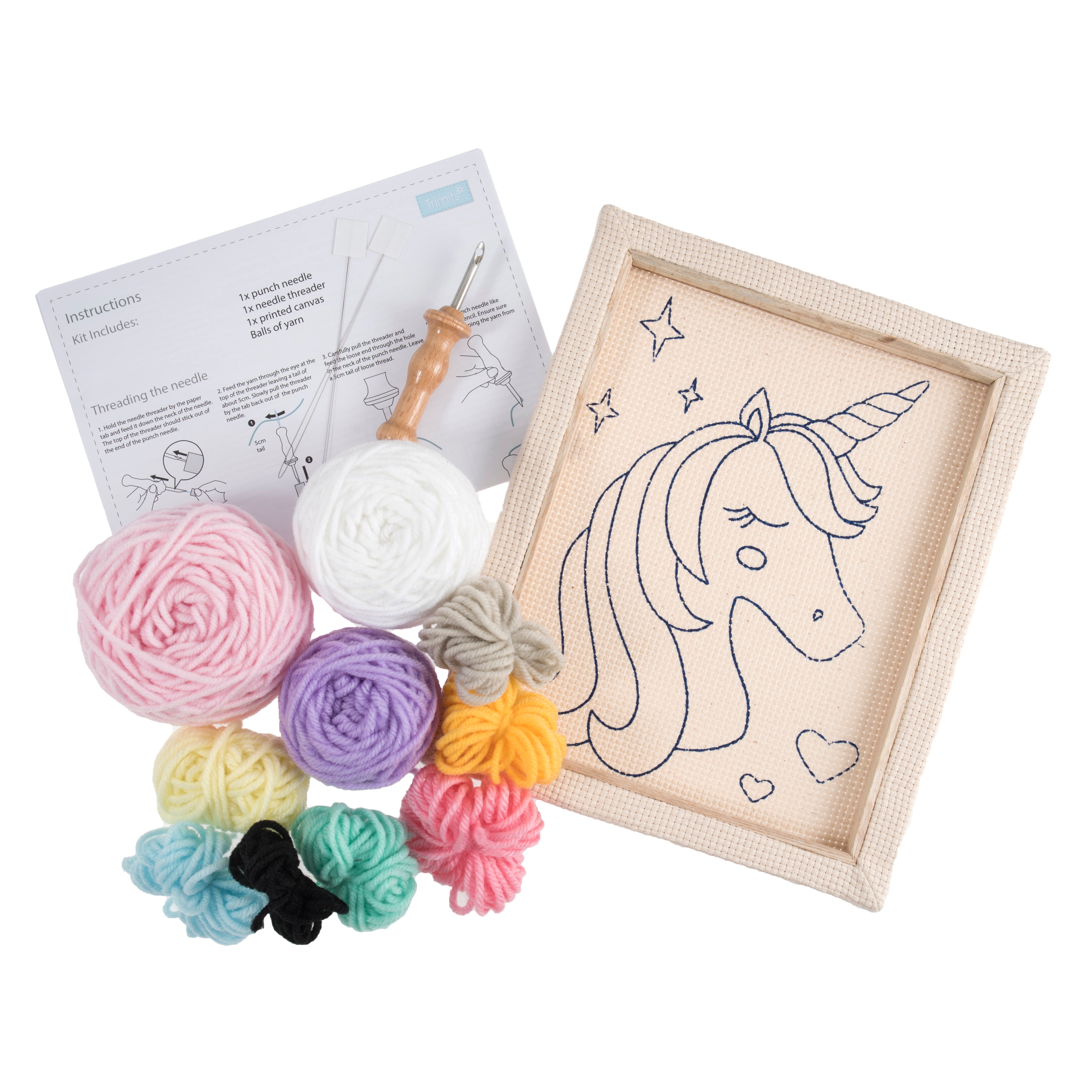 Trimits Punch Needle Kit Ð Floss and Hoop: Unicorn, 15.2cm Diameter, Includes Embroidery Floss, Hoop, Fabric, Punch Needle, Instructions in English, French, German - 0