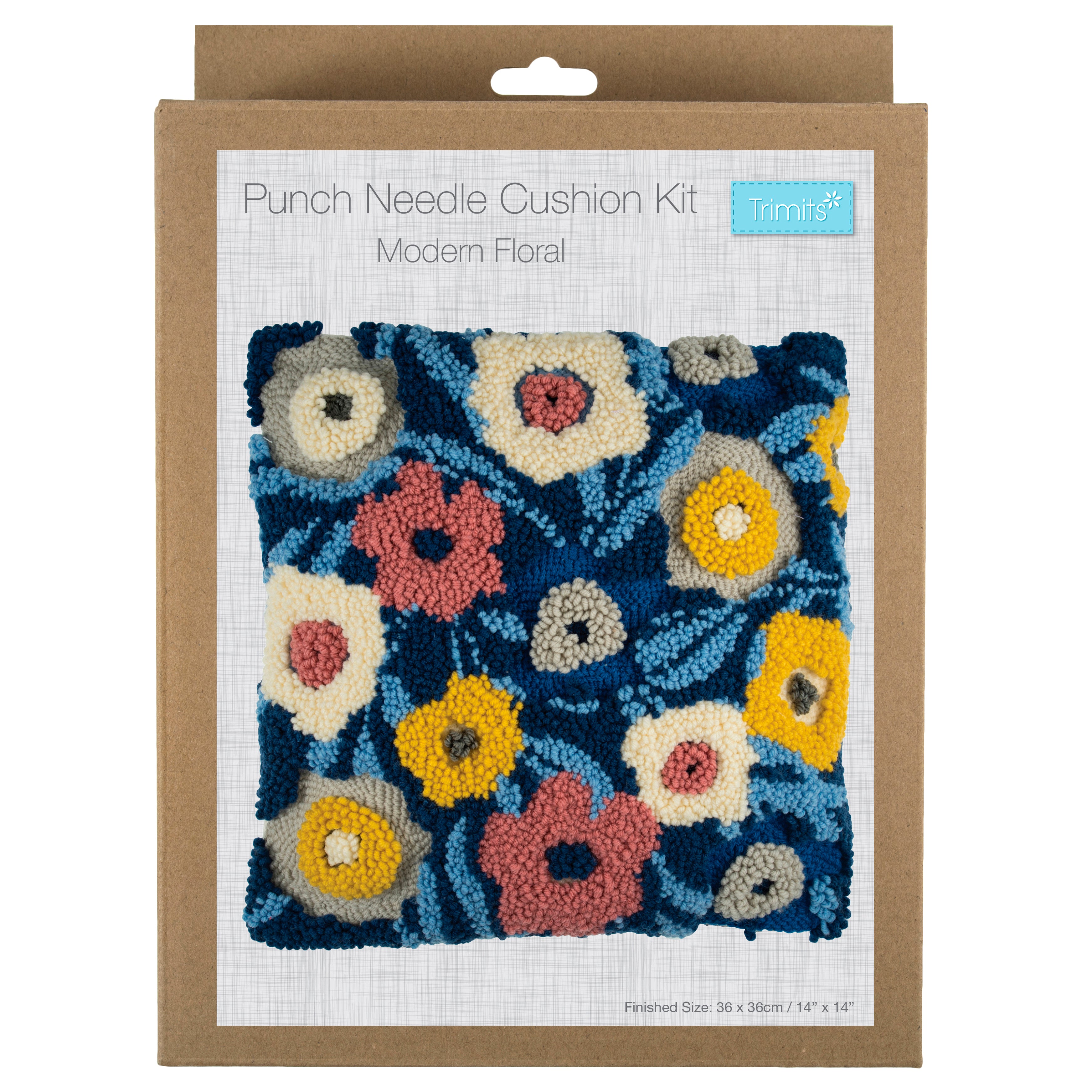 Trimits Punch Needle Kit Ð Cushion: Modern Floral, 36x36cm, Includes Punch Needle Tool, Yarn, Fabric, Cushion Back, Instructions in English, French, German