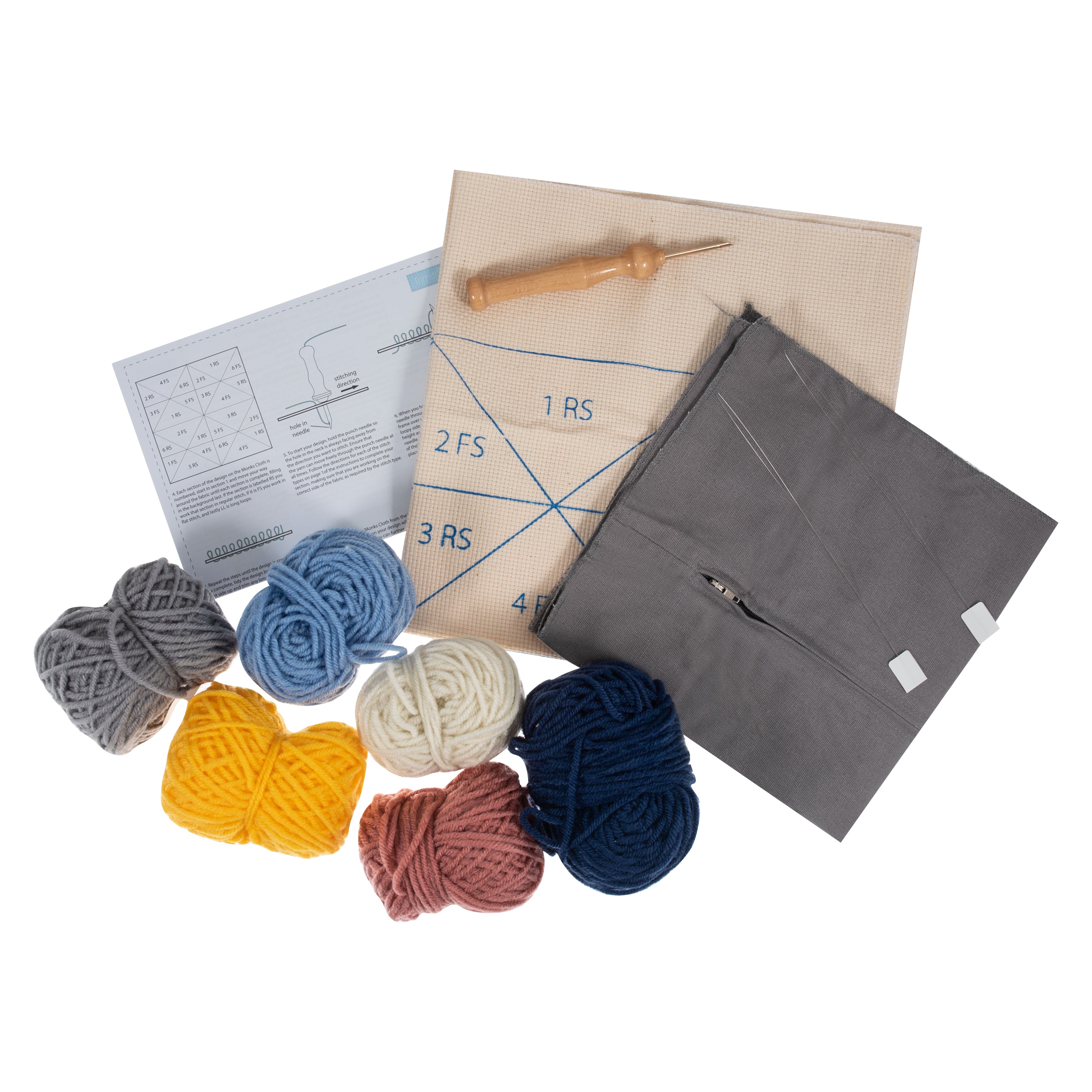 Trimits Punch Needle Kit Ð Cushion: Geo, 36x36cm, Includes Punch Needle Tool, Yarn, Fabric, Cushion Back, Instructions in English, French, German