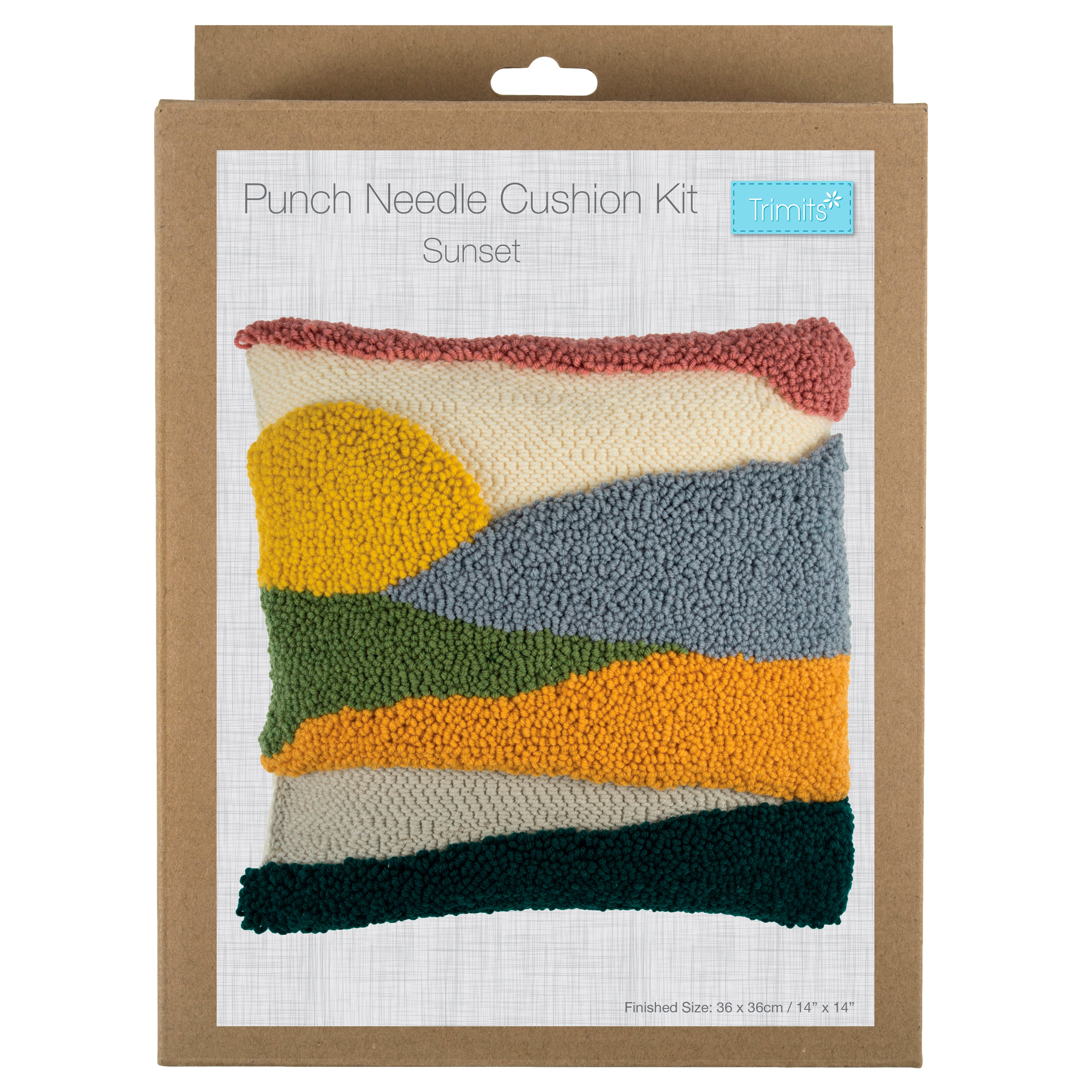 Trimits Punch Needle Kit Ð Cushion: Sunset, 36x36cm, Includes Punch Needle Tool, Yarn, Fabric, Cushion Back, Instructions in English, French, German