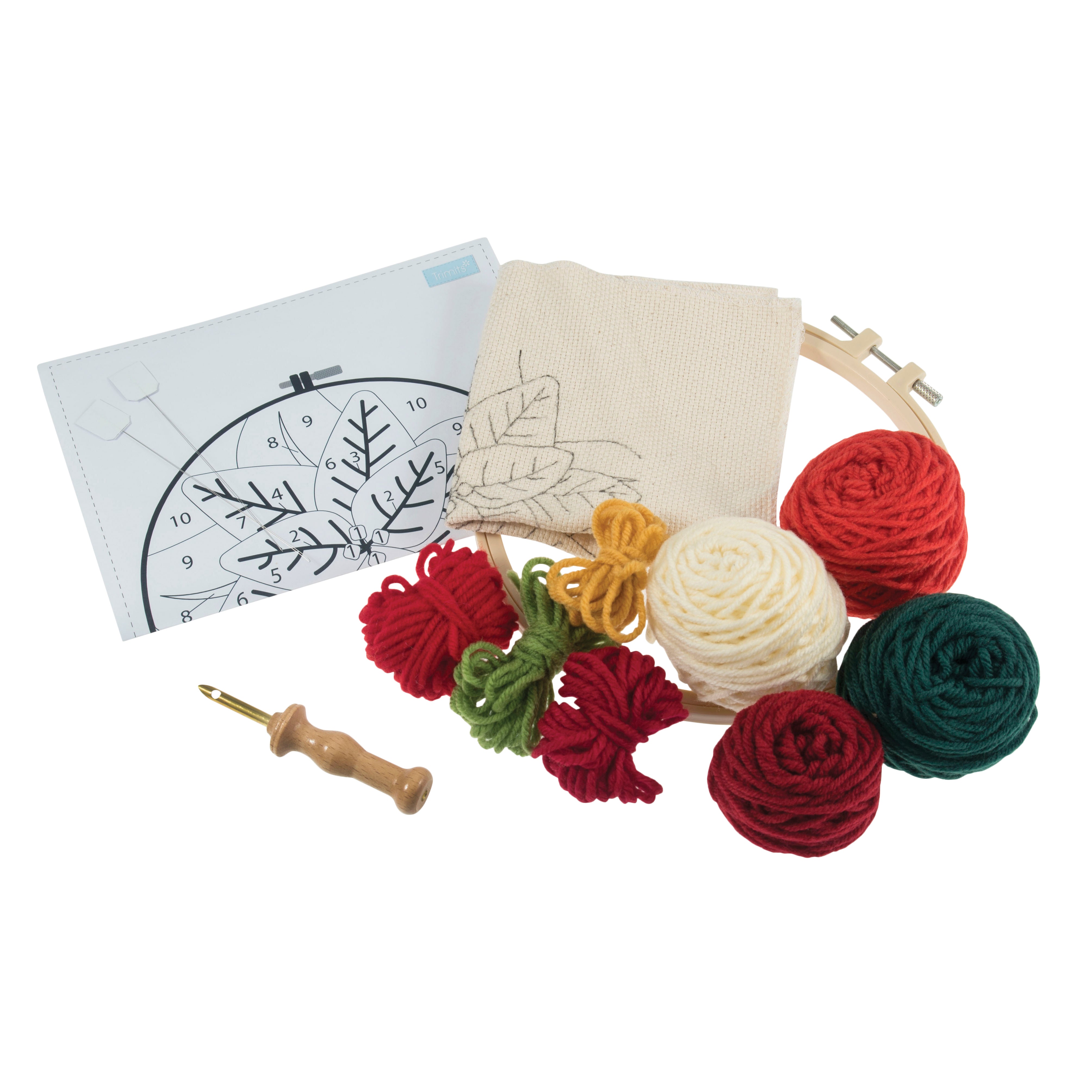 Trimits Punch Needle Kit Ð Yarn and Hoop: Christmas Poinsettia, 20.3cm Diameter, Includes Yarn, Hoop, Fabric, Punch Needle, and Instructions - 0