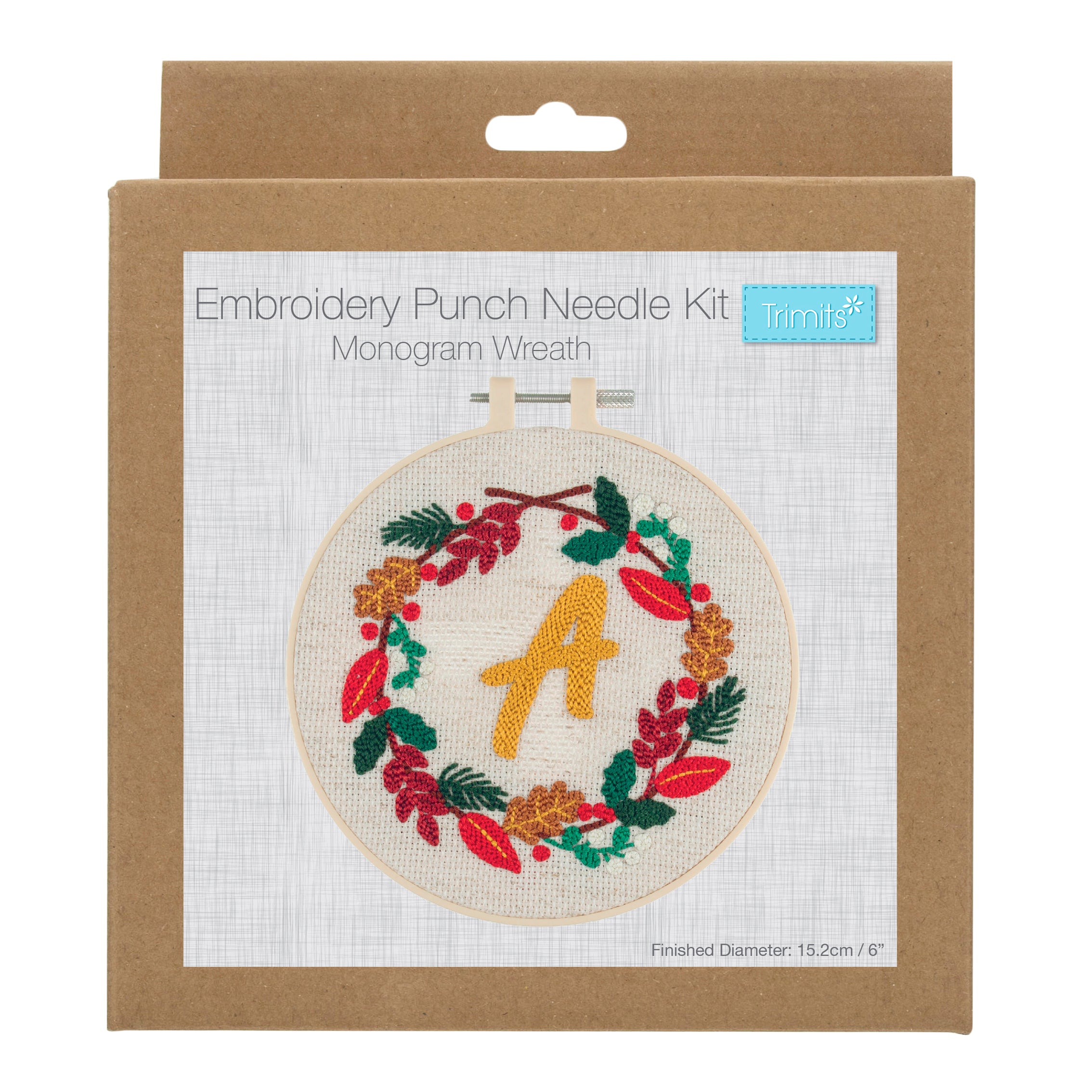 Trimits Punch Needle Kit Ð Floss and Hoop: Christmas Monogram Wreath, 15.2cm Diameter, Includes Floss, Hoop, Fabric, Punch Needle, and Instructions