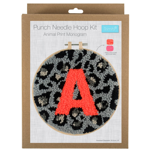 Trimits Punch Needle Kit Ð Yarn and Hoop: Animal Print Monogram, 20.3cm Diameter, Includes Yarn, Hoop, Fabric, Punch Needle, Instructions in EN, FR, GER