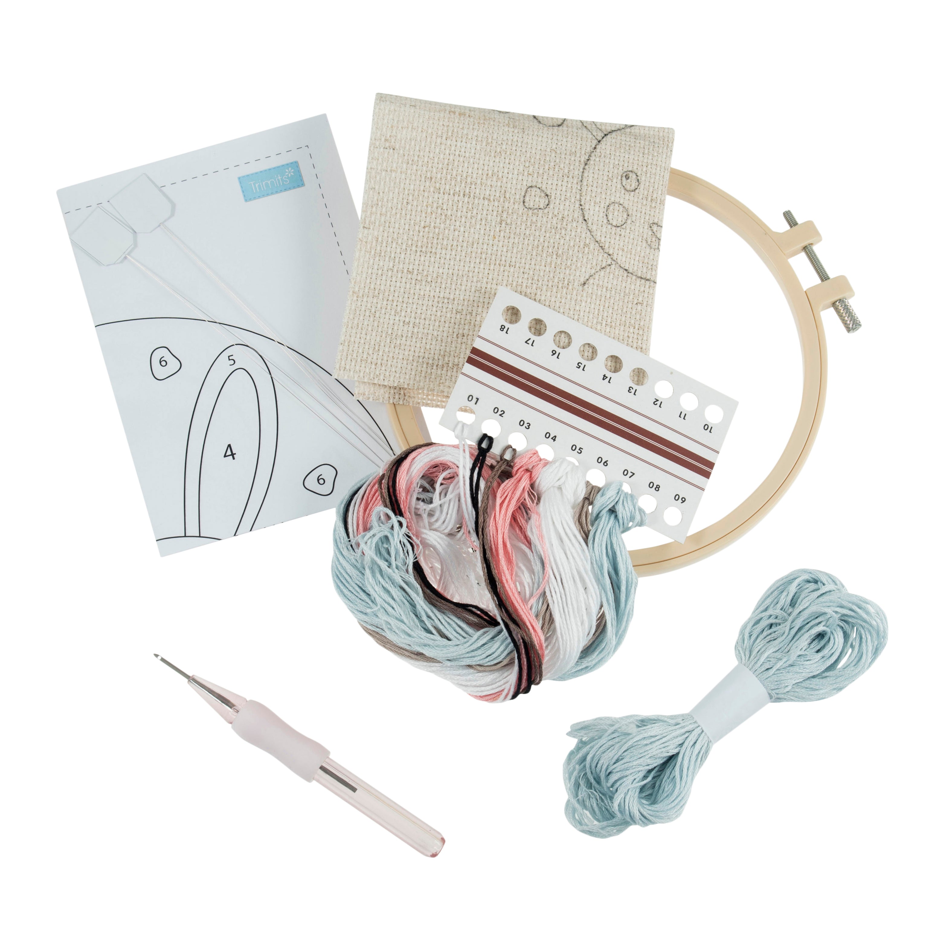 Trimits Punch Needle Kit Ð Floss and Hoop: Bunny, 15.2cm Diameter, Includes Embroidery Floss, Hoop, Fabric, Punch Needle, Instructions in English, French, German