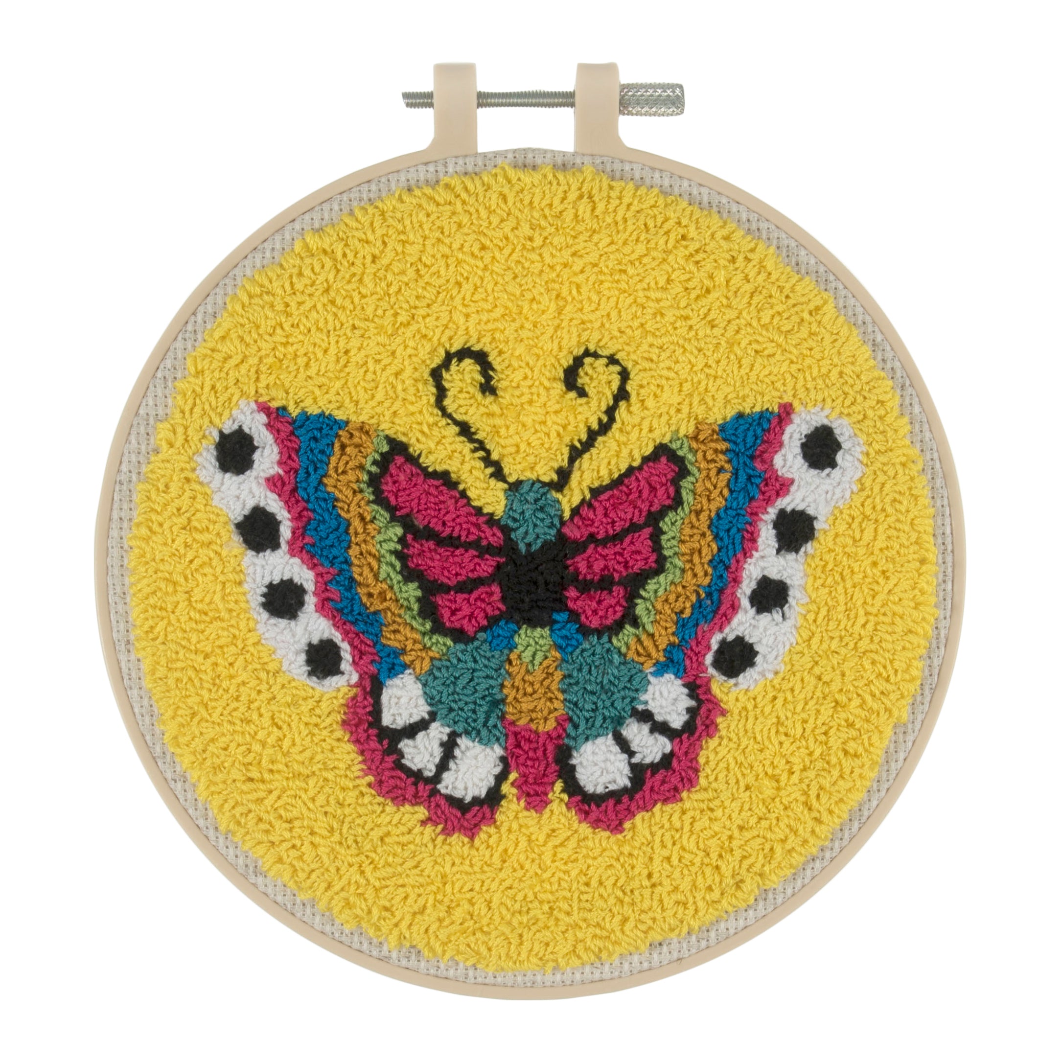 Trimits Punch Needle Kit Ð Floss and Hoop: Butterfly, 15.2cm Diameter, Includes Embroidery Floss, Hoop, Fabric, Punch Needle, Instructions in English, French, German