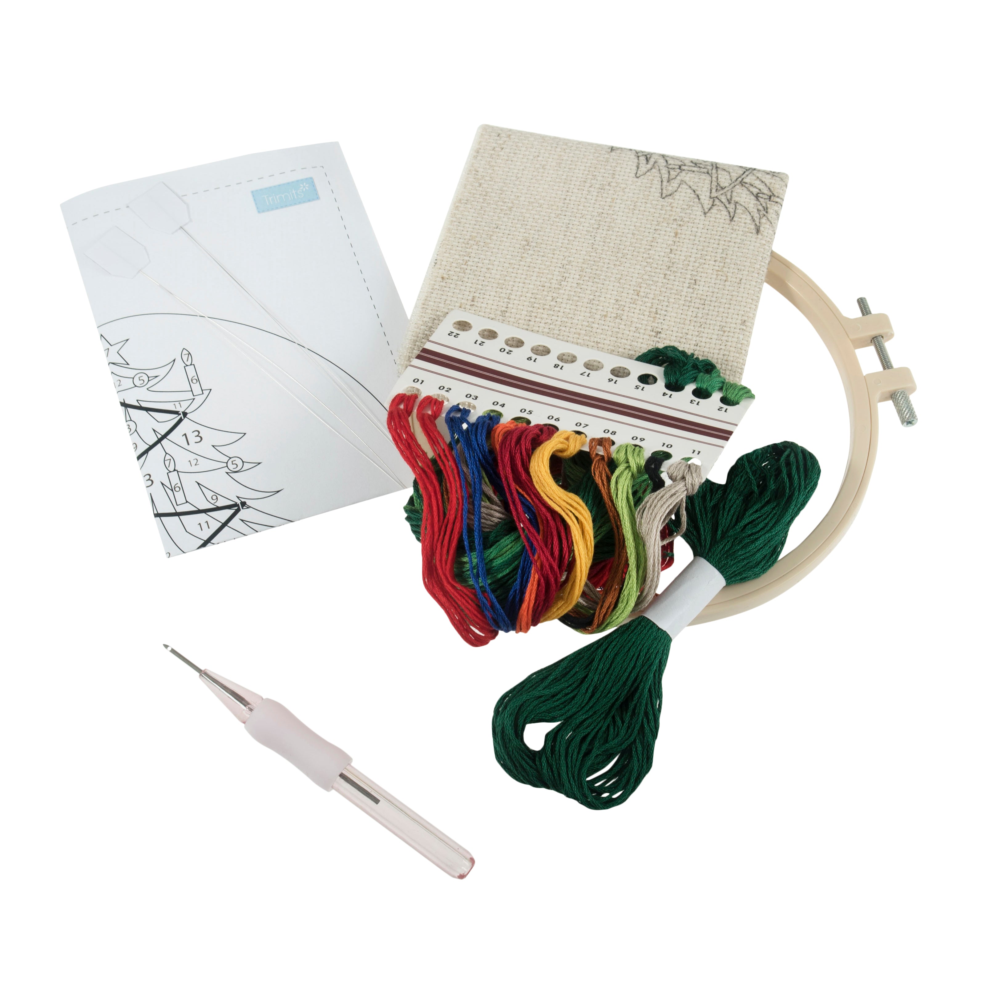 Trimits Punch Needle Kit Ð Floss and Hoop: Christmas Tree 15.2cm Diameter, Includes Floss, Hoop, Fabric, Punch Needle, and Instructions - 0