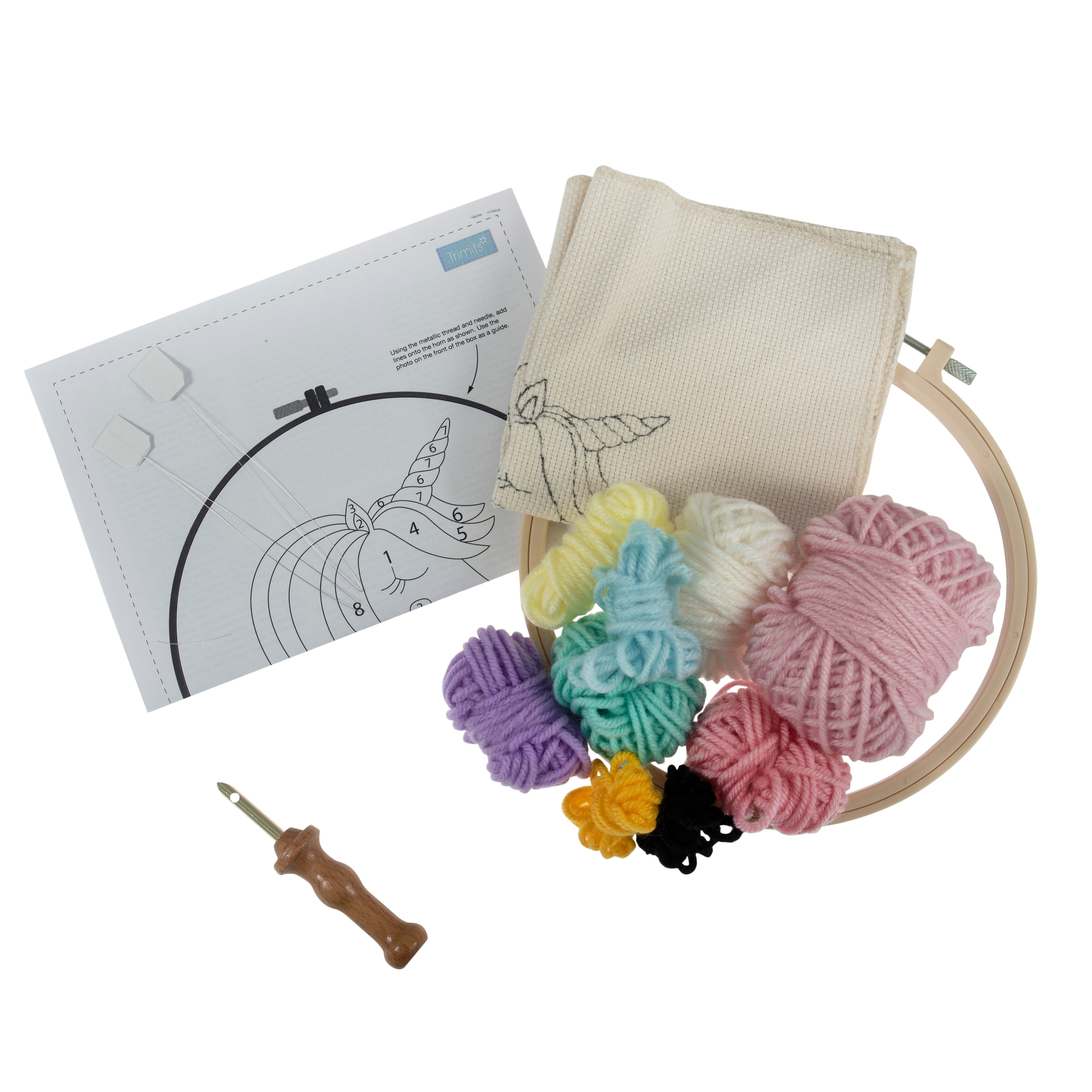 Trimits Punch Needle Kit Ð Yarn and Hoop: Unicorn, 20.3cm Diameter, Includes Yarn, Hoop, Fabric, Punch Needle, Instructions in EN, FR, GER - 0