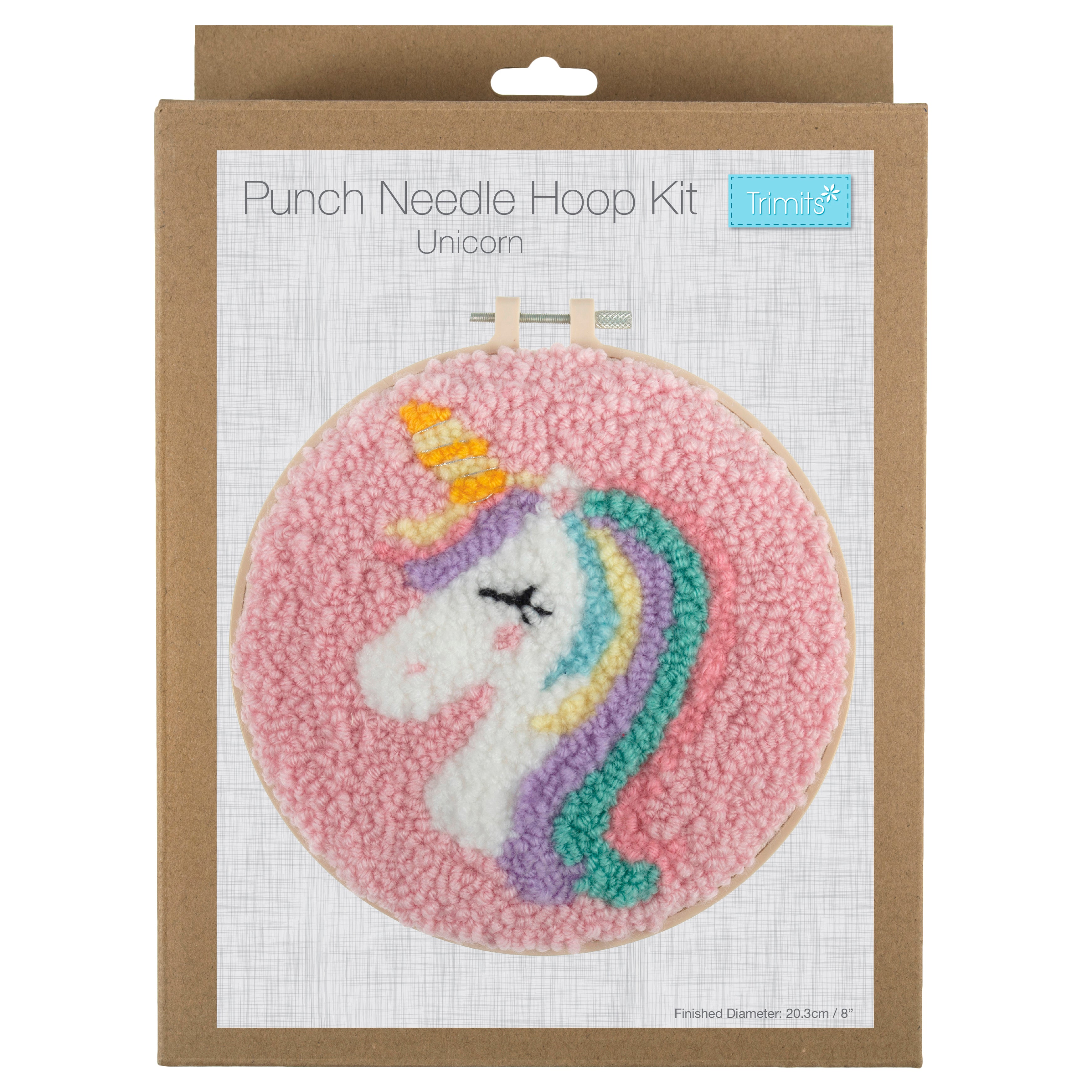 Trimits Punch Needle Kit Ð Yarn and Hoop: Unicorn, 20.3cm Diameter, Includes Yarn, Hoop, Fabric, Punch Needle, Instructions in EN, FR, GER