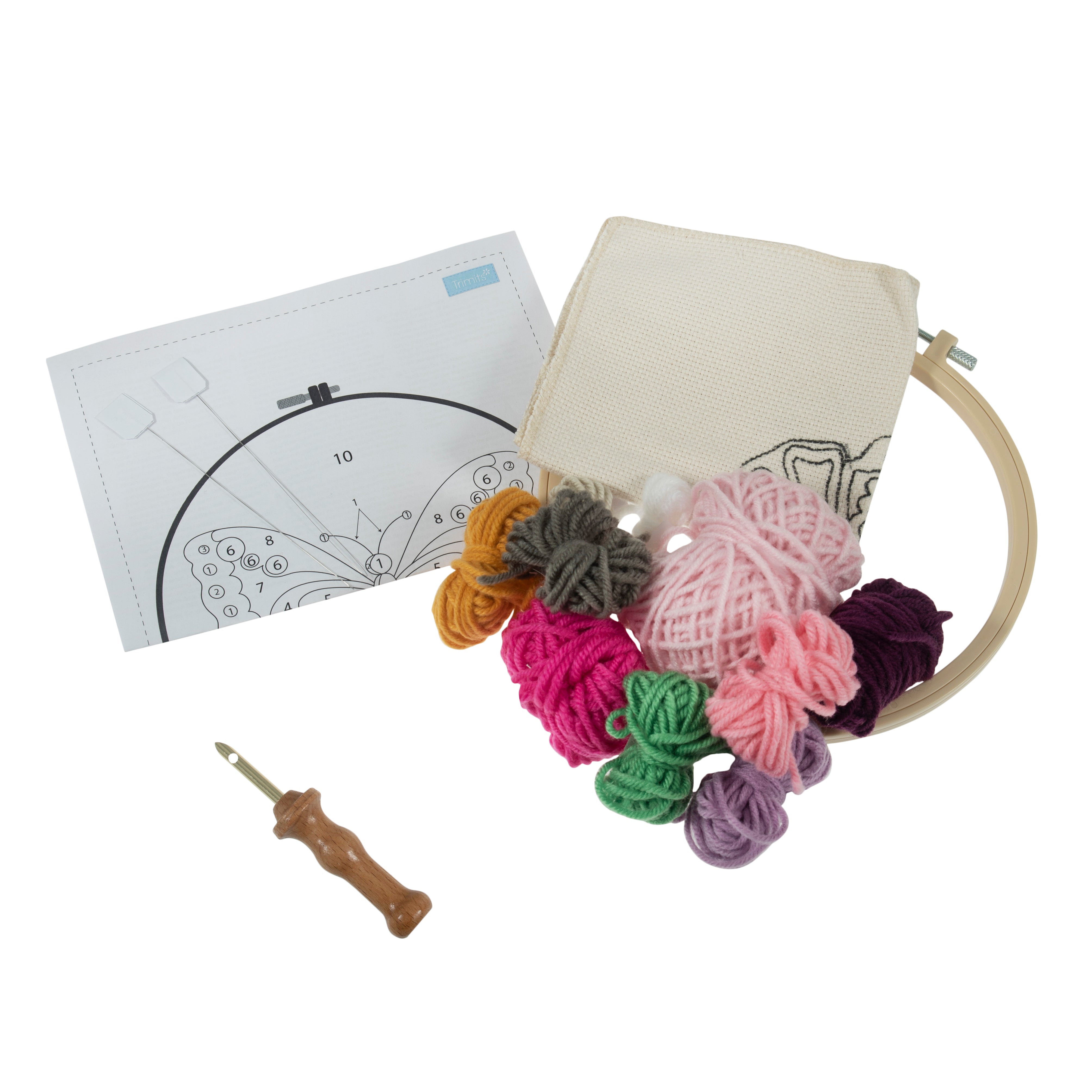 Trimits Punch Needle Kit Ð Yarn and Hoop: Butterfly, 20.3cm Diameter, Includes Yarn, Hoop, Fabric, Punch Needle, Instructions in EN, FR, GER