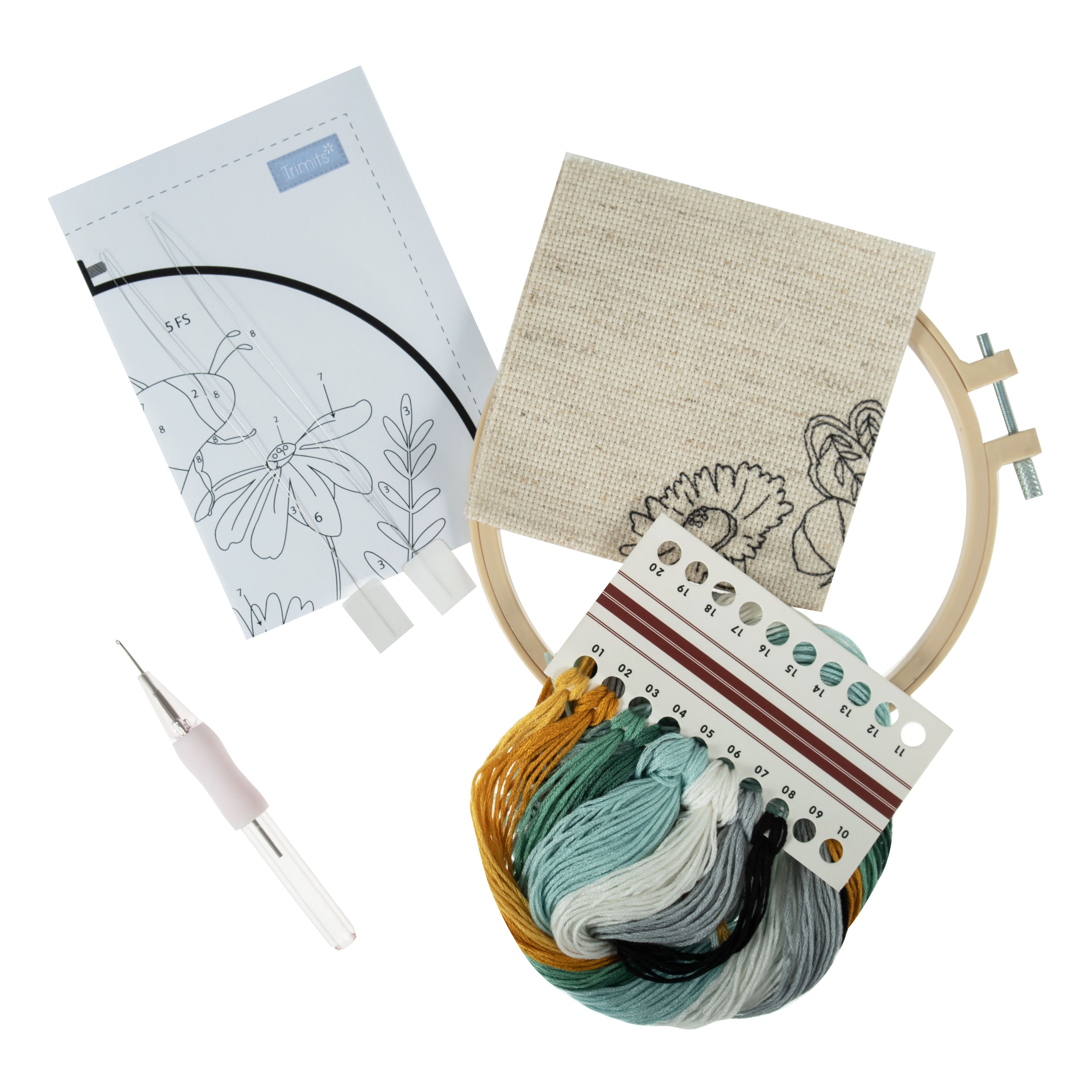 Trimits Punch Needle Kit Ð Floss and Hoop: Bees & Flowers, 15.2cm Diameter, Includes Embroidery Floss, Hoop, Fabric, Punch Needle, Instructions in English, French, German