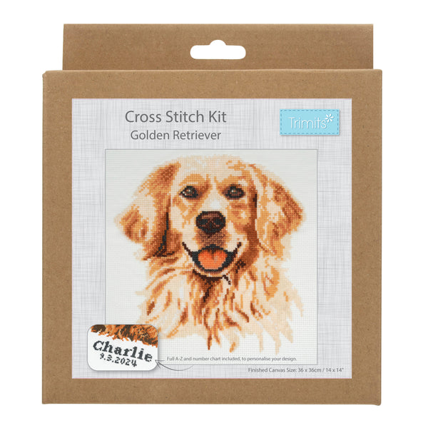 Trimits Counted Cross Stitch Kit Ð Large: Golden Lab Retriver , 36x36cm, Includes Aida Fabric, Pre-Sorted Threads, Needle, Personalizing Alphabet, Instructions in English, French, German