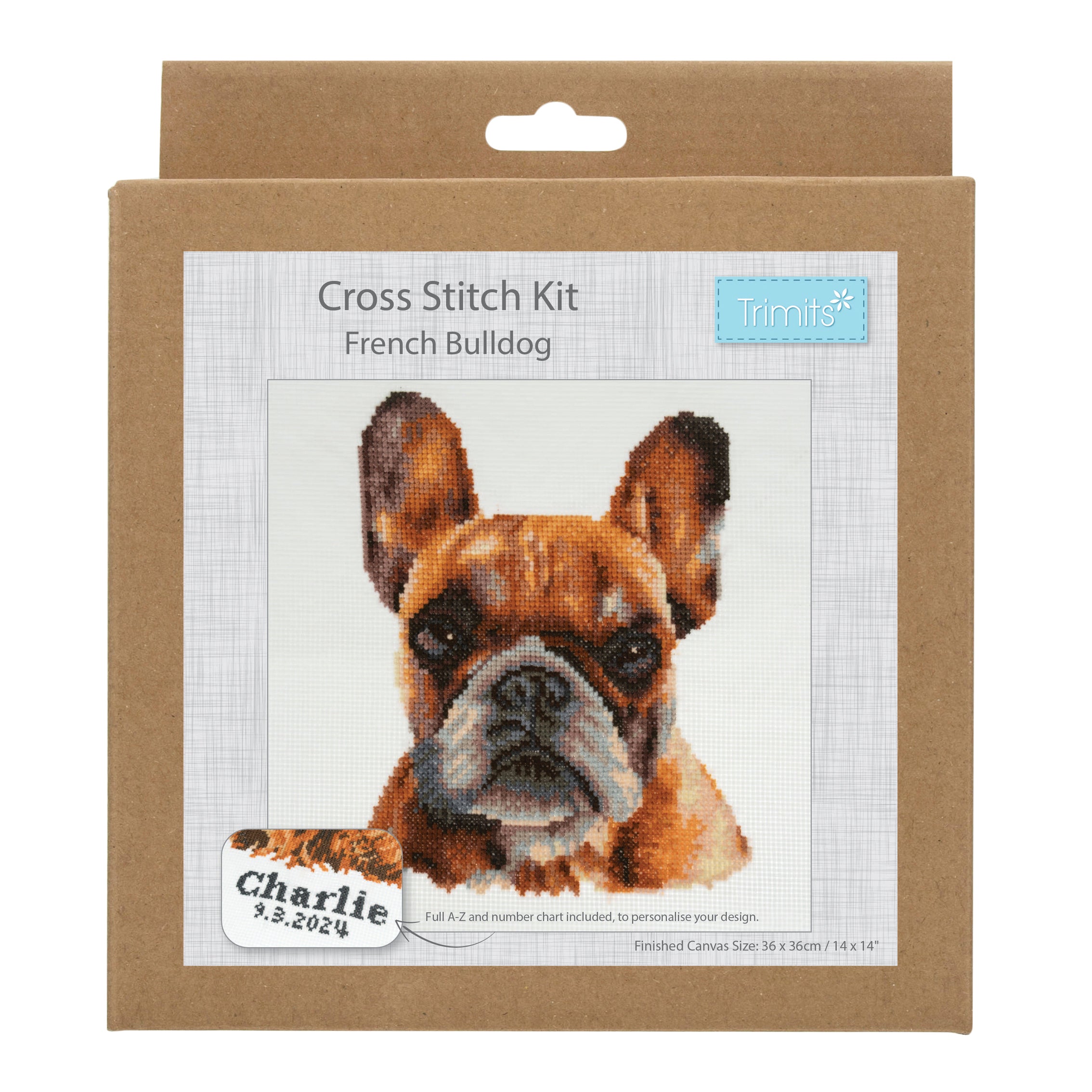 Trimits Counted Cross Stitch Kit Ð Large: French Bulldog, 36x36cm, Includes Aida Fabric, Pre-Sorted Threads, Needle, Personalizing Alphabet, Instructions in English, French, German