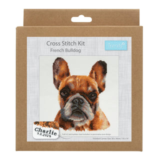 Trimits Counted Cross Stitch Kit Ð Large: French Bulldog, 36x36cm, Includes Aida Fabric, Pre-Sorted Threads, Needle, Personalizing Alphabet, Instructions in English, French, German