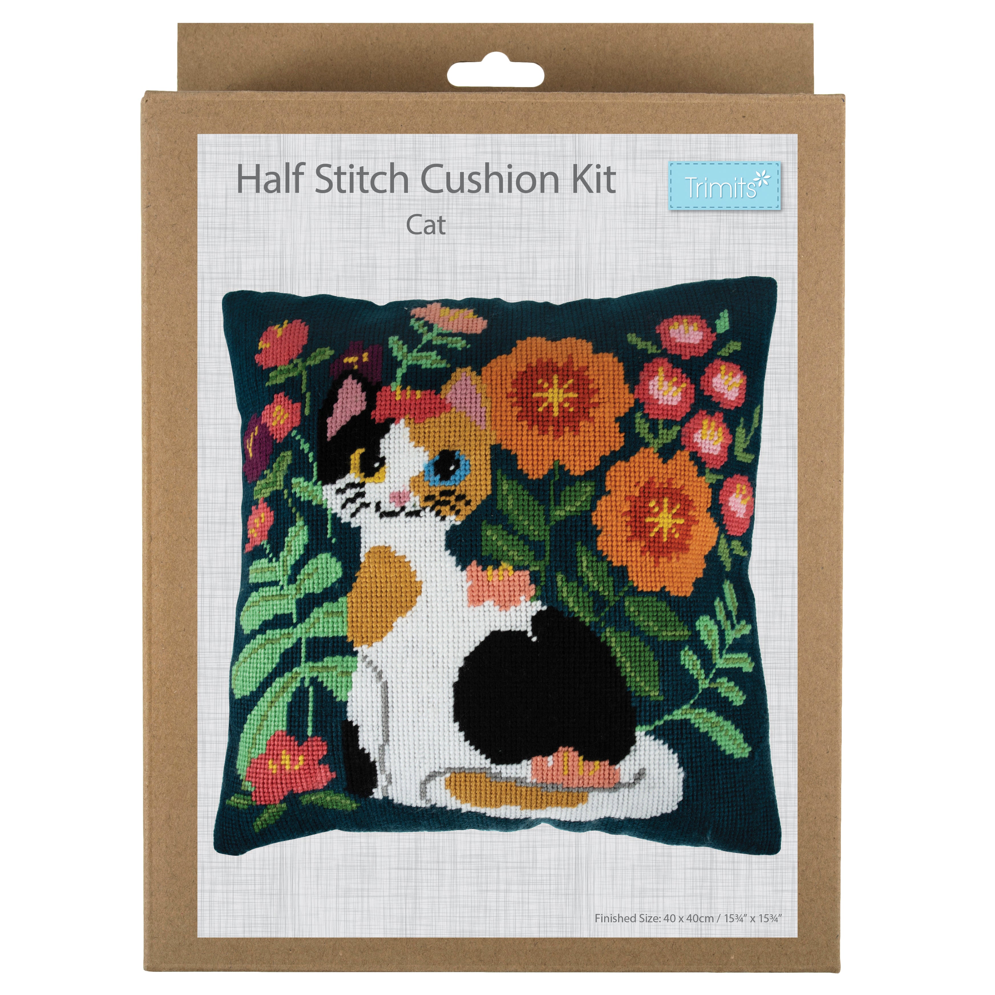 Trimits Half Stitch Tapestry Kit Ð Cushion: Cat, 40x40cm, Includes Pre-Printed Canvas, Acrylic Yarns, Needle, Cushion Back, Instructions in English, French, German