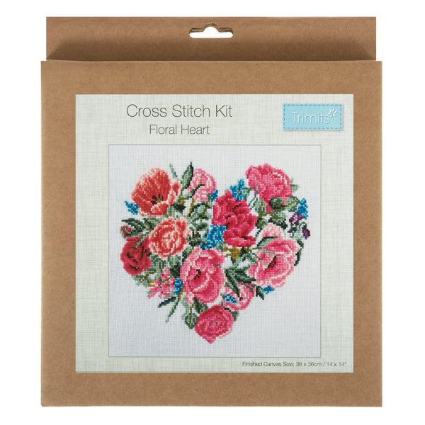 Trimits Counted Cross Stitch Kit Ð Large: Floral Heart, 36x36cm, Includes Aida Fabric, Pre-Sorted Threads, Needle, Personalizing Alphabet, Instructions in English, French, German