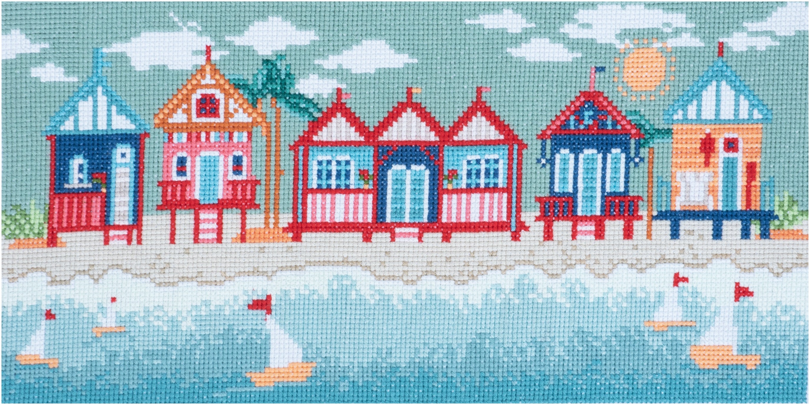 Trimits Counted Cross Stitch Kit Ð Large: Beach Huts, 36x36cm, Includes Aida Fabric, Pre-Sorted Threads, Needle, Personalizing Alphabet, Instructions in English, French, German