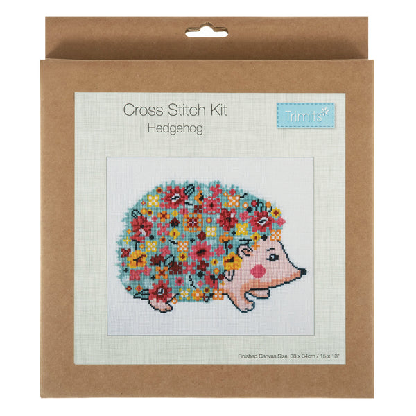 Trimits Counted Cross Stitch Kit Ð Large: Hedgehog, 36x36cm, Includes Aida Fabric, Pre-Sorted Threads, Needle, Personalizing Alphabet, Instructions in English, French, German