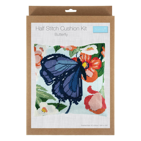 Trimits Half Stitch Tapestry Kit Ð Cushion: Butterfly, 40x40cm, Includes Pre-Printed Canvas, Acrylic Yarns, Needle, Cushion Back, Instructions in English, French, German