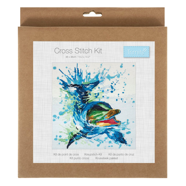 Trimits Counted Cross Stitch Kit Ð Large: Dolphin, 36x36cm, Includes Aida Fabric, Pre-Sorted Threads, Needle, Personalizing Alphabet, Instructions in English, French, German