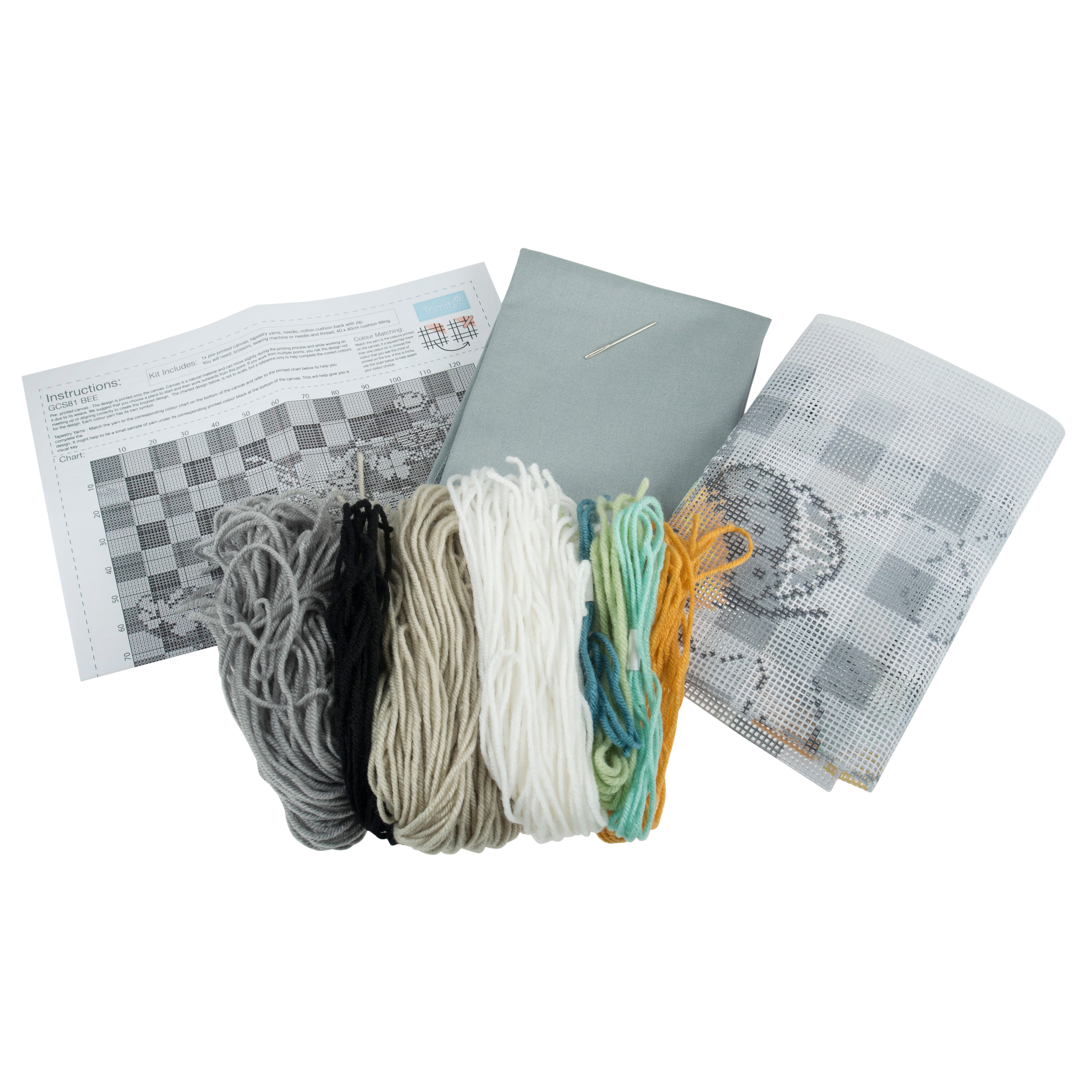 Trimits Half Stitch Tapestry Kit Ð Cushion: Bees, 40x40cm, Includes Pre-Printed Canvas, Acrylic Yarns, Needle, Cushion Back, Instructions in English, French, German