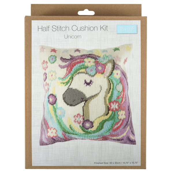 Trimits Half Stitch Tapestry Kit Ð Cushion: Unicorn, 40x40cm, Includes Pre-Printed Canvas, Acrylic Yarns, Needle, Cushion Back, Instructions in English, French, German