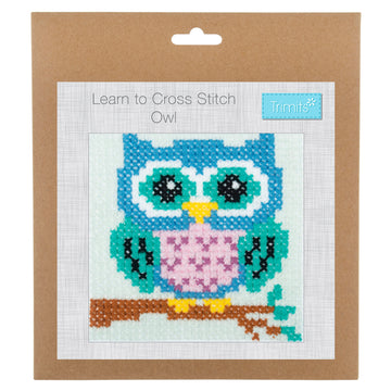 Trimits Counted Cross Stitch Kit Ð Owl, 6-Count Binca Fabric, Includes Pre-Sorted Threads, Needle, Instructions in English, French, German - 0