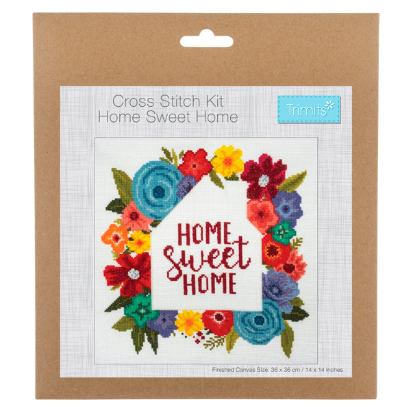 Trimits Counted Cross Stitch Kit Ð Large: Home Sweet Home, 36x36cm, Includes Aida Fabric, Pre-Sorted Threads, Needle, Personalizing Alphabet, Instructions in English, French, German