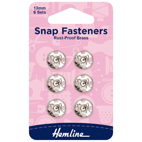 Hemline Snap Fasteners: Sew-on: Nickel: 13mm: Pack of 6