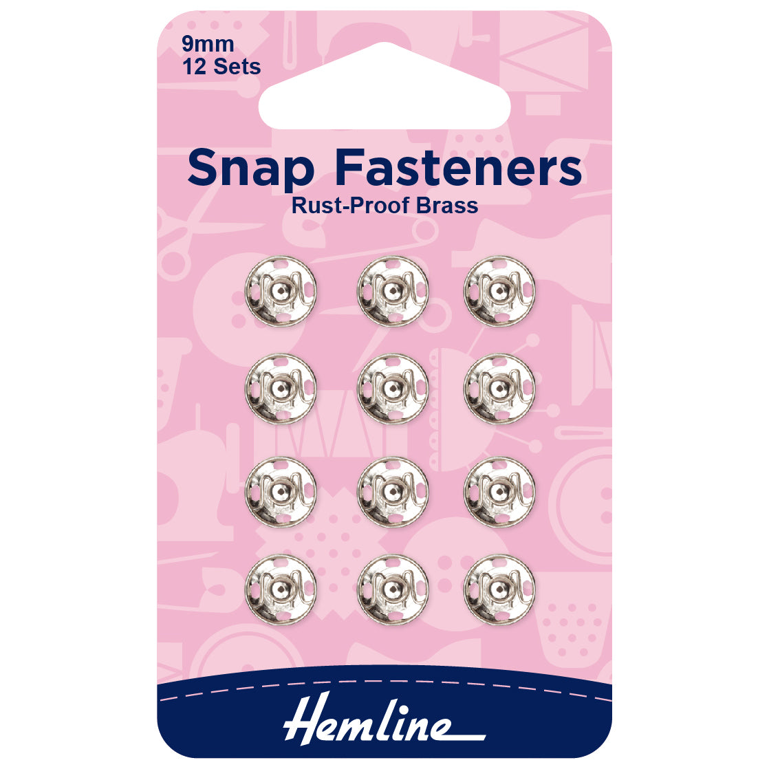 Hemline Snap Fasteners: Sew-on: Nickel: 9mm: Pack of 12