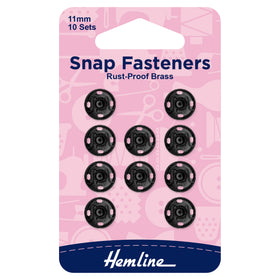 Hemline Snap Fasteners: Sew-on: Black: 11mm: Pack of 10 - Snaps