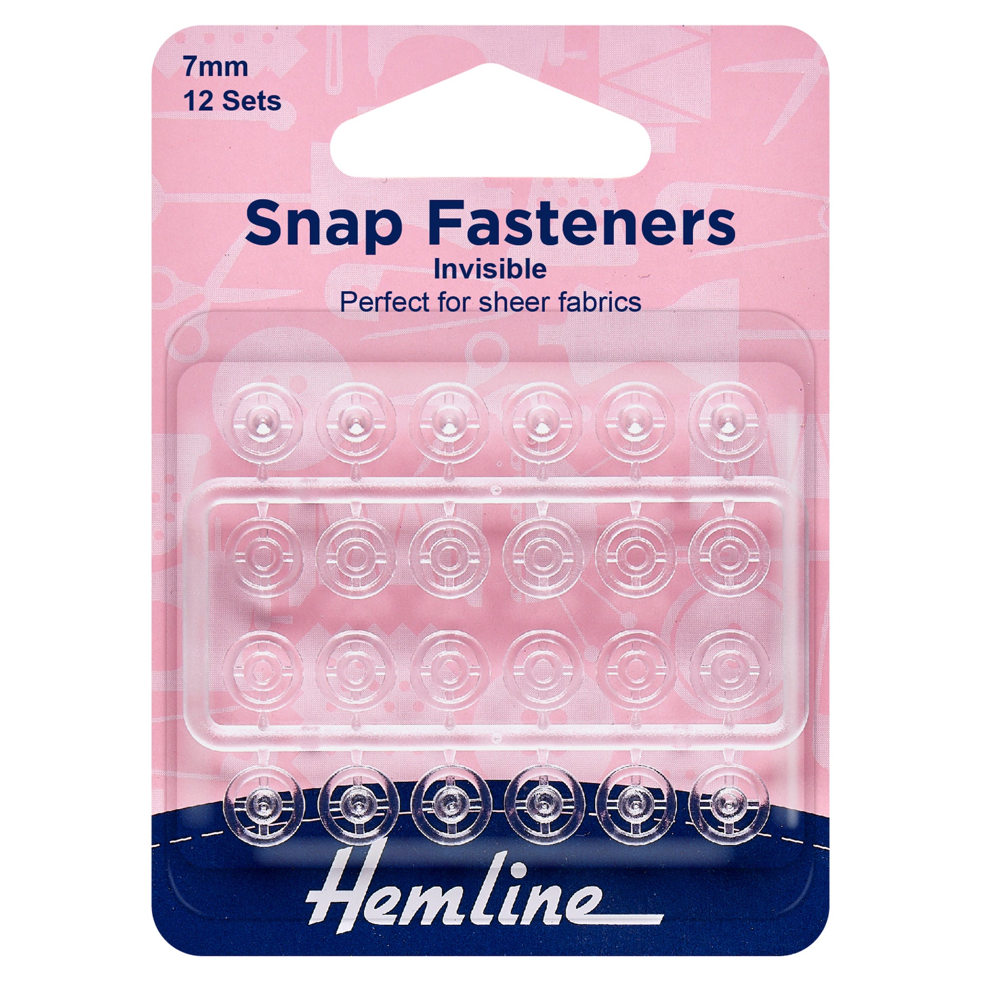 Hemline Snap Fasteners: Sew-on: Clear (Invisible): 7mm: Pack of 12