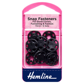 Hemline Snap Fasteners: Sew-on: Black (Plastic): 15mm: Pack of 6 - Snaps