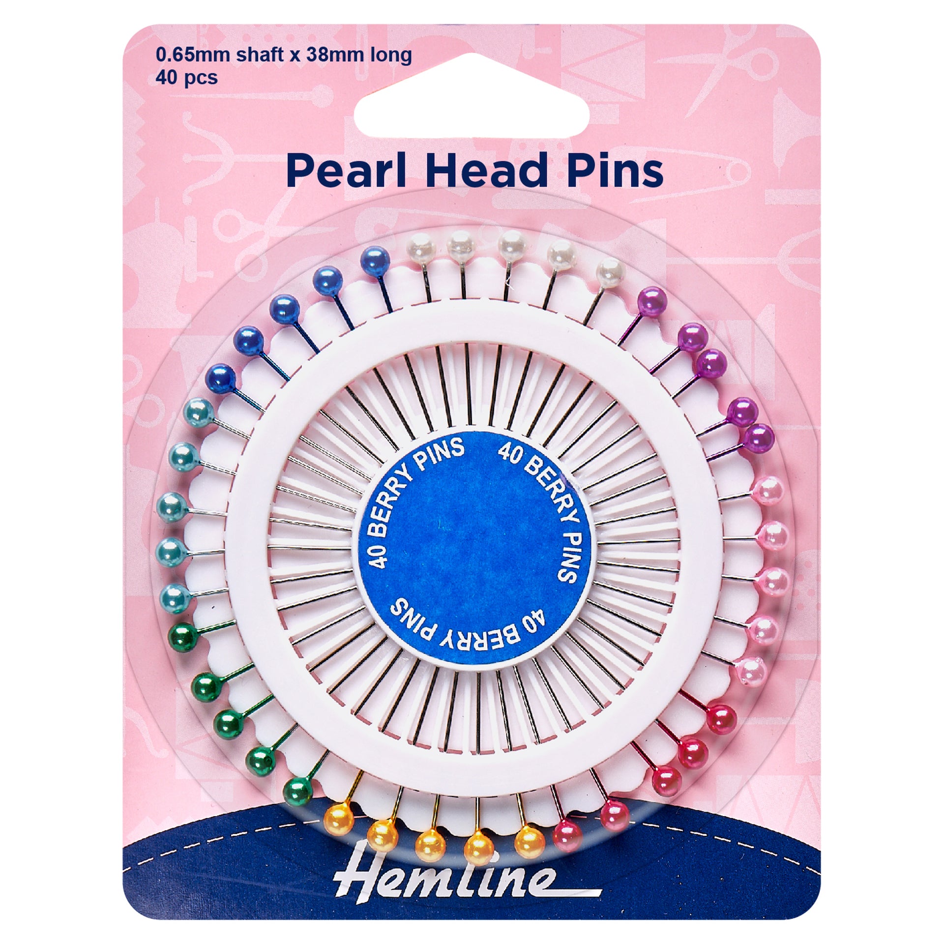 Hemline Pins: Pearl Head: Assorted: 38mm: Nickel: 40 Pieces